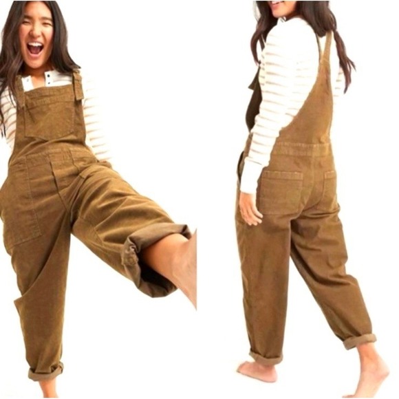 aerie Pants - Aerie Werk & Play Brown Corduroy Bib Overalls Size Medium Raw Frayed Hem Casual